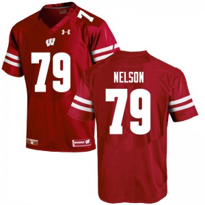 Men's University of Wisconsin #79 Jack Nelson Red Football Jersey 416750-592